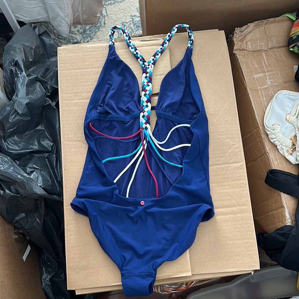 Blue One-Piece Swimsuit with Multicolor Straps everything but water low back